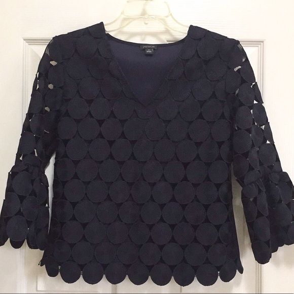 Ann Taylor Circle Lace Flare Sleeve Top Navy - Picture 5 of 11